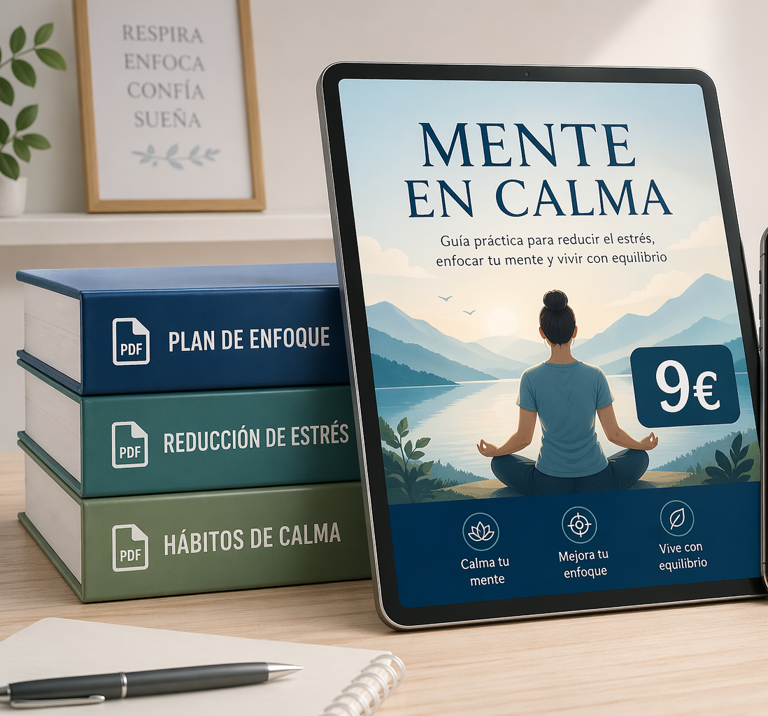 Ebook Mente en Calma en tablet junto a guías de Plan de enfoque, Reducción de estrés y Hábitos de calma